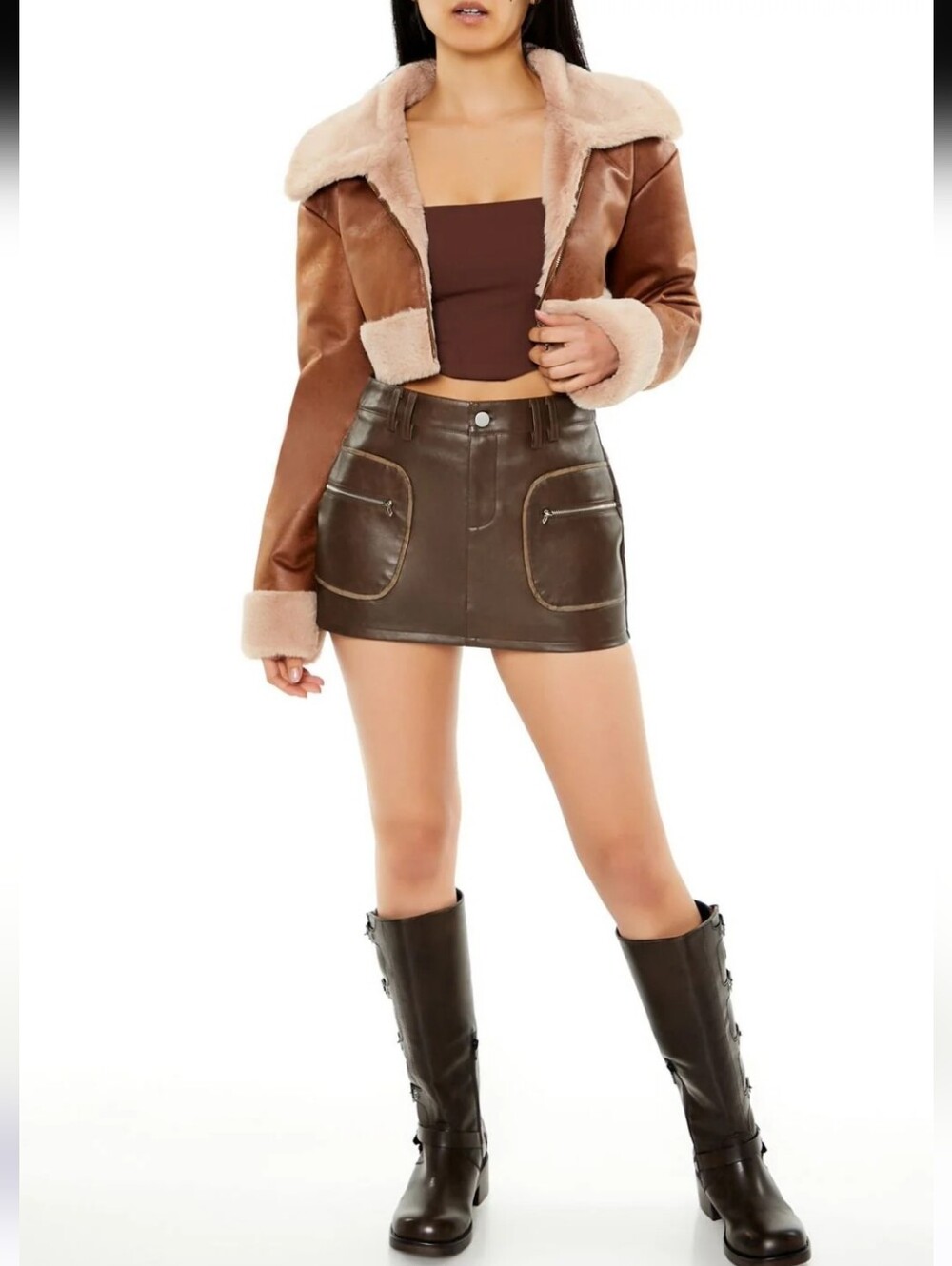Forever 21 Plus Brown Faux Leather Faux Fur Lined Cropped Moto Jacket Size 1X